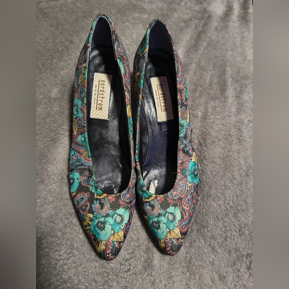 Nordstrom Teal Floral Pointed-Toe Flats